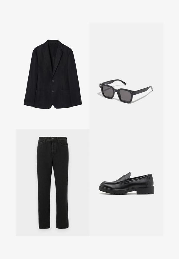 Námornícky ľanový blejzer má predný zapínací systém na dva gombíky, reverzibilné klopy, dve predné vrecká a gombíkové manžety, čo vytvára elegantný siluetu.; Biely bezrukávový top z rebrovanej bavlny. Má zaoblený výstrih a hladkú textúru. Štítok hovorí "PULL&BEAR."; Čierne džíny rovného strihu s predným zapínaním na gombík a zips, pútka na opasok a dizajn s piatimi vreckami, zobrazené na bielom pozadí.; Čierne kožené mokasíny s okrúhlou špičkou, s designom na obúvanie a hrubou gumovou podrážkou s textúrovanou protišmykovou úpravou. Vyvýšený opatok a jemné prešívanie.; Čierne obdĺžnikové slnečné okuliare s tmavými sklami, s hrubým rámom, jemnými akcentmi na stranách a bez viditeľných log, okrem názvu značky.; Strieborné nerezové hodinky s kremíkovým strojčekom a čiernym obdĺžnikovým ciferníkom, vybavené analógovými ručičkami, digitálnym displejom a označením vodoodolnosti.; Strieborný kovový náramok vo forme manžetového náramku s hladkým, matným povrchom. Má otvorený dizajn s zaoblenými hranami, čo umožňuje nastaviteľné veľkosti.