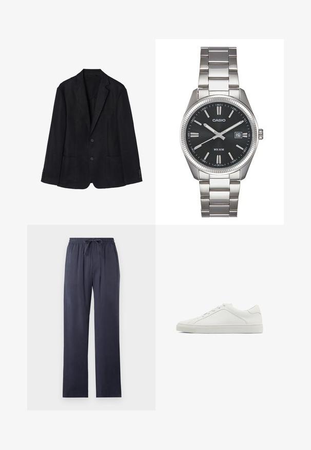 Navy linen blazer features a two-button front, notched lapels, two front pockets, and buttoned cuffs for a sleek silhouette.; Navy blue polo shirt made of knitted fabric, featuring a classic collar, short sleeves, and three button placket with smooth texture.; Navy blue, loose-fitting pants made of soft fabric with an elastic waistband and adjustable drawstring. Straight-cut legs, no pockets.; White leather sneaker with rounded toe, flat outsole, and minimalistic design. Features six eyelets and a subtle seam detail on the side.; Silver stainless steel watch with a black dial, marked hour indicators, date display, and water resistance up to 50 meters.; Silver metal cuff bracelet with a smooth, matte finish. Features an open design with rounded edges, allowing for adjustable sizing.