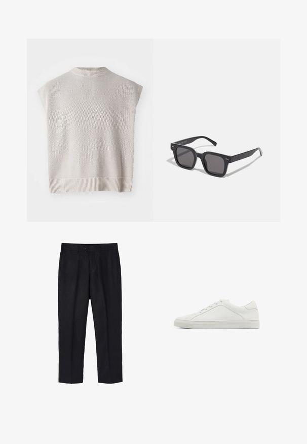 Marineblå linned blazer med to-knaps lukning, notch-lapper, to forreste lommer og knapmanchetter for en strømlinet silhuet.; Lys beige strikket ærmeløs top med ribbet kant og rund hals. Har et struktureret mønster og en løs pasform.; Sorte linnedragter med en skræddersyet pasform, der har en enkelt frontknap, plisseringer og lige ben. Glat tekstur med en let finish.; Hvide lædersneakers med rund tå, flad sål og minimalistisch design. Har seks snøringer og en diskret syning på siden.; Sorte rektangulære solbriller med mørke linser, der har en tyk ramme, subtile detaljer på siderne og uden synlige logoer udover mærkenavnet.; Sølvmetall armring med en glat, mat overflade. Har et åbent design med afrundede kanter, som muliggør justerbar størrelse.