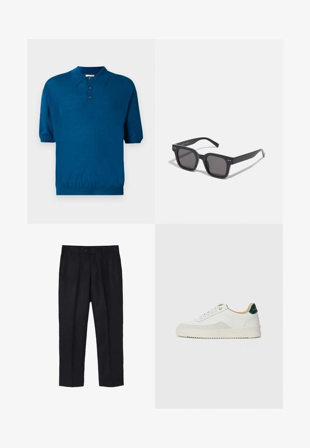 El blazer de lino azul marino presenta un frente de dos botones, solapas con muesca, dos bolsillos frontales y puños abotonados para una silueta elegante.; Polo de manga corta en un tono verde azulado profundo, fabricado con una tela suave. Cuenta con cuello, tapeta de tres botones y un dobladillo elástico para un ajuste relajado.; Pantalones de lino negros con un corte ajustado, que presentan un solo botón frontal, pliegues y perneras rectas. Textura suave con un acabado ligero.; Zapatilla blanca con acentos de ante, puntera redondeada, cordones planos y suela de goma color crema. Presenta un logo verde en el talón.; Gafas de sol rectangulares negras con lentes oscuros, que presentan un marco grueso, acentos sutiles en los lados y sin logotipos visibles más allá del nombre de la marca.; Reloj de acero inoxidable plateado con una esfera negra, indicadores de horas marcados, display de fecha y resistencia al agua de hasta 50 metros.; Pulsera de brazalete de metal plateado con un acabado liso y mate. Presenta un diseño abierto con bordes redondeados, lo que permite un ajuste en el tamaño.
