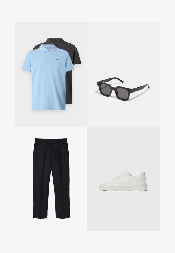 Námornícky ľanový blejzer má predný zapínací systém na dva gombíky, reverzibilné klopy, dve predné vrecká a gombíkové manžety, čo vytvára elegantný siluetu.; Dve polo tričká: jedno svetlomodré s golierom a gombíkmi a druhé tmavosivé. Obe majú malé logo na hrudi a krátke rukávy.; Čierne ľanové nohavice s prispôsobeným strihom, s jedným predným gombíkom, záhybmi a rovným strihom nohavíc. Hladká textúra s ľahkým povrchom.; Biele kožené tenisky s hladkým povrchom, okrúly špičkový dizajn, ploché šnúrky a textúrovaná podrážka. Obsahujú jemné logo na päte.; Čierne obdĺžnikové slnečné okuliare s tmavými sklami, s hrubým rámom, jemnými akcentmi na stranách a bez viditeľných log, okrem názvu značky.; Strieborné hodinky z nerezovej ocele s čiernym ciferníkom, vyznačenými hodinovými ukazovateľmi, zobrazením dátumu a vodotesnosťou až do 50 metrov.; Strieborný kovový náramok vo forme manžetového náramku s hladkým, matným povrchom. Má otvorený dizajn s zaoblenými hranami, čo umožňuje nastaviteľné veľkosti.