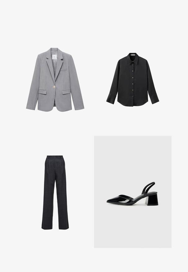 Grå blazer lavet af tekstureret stof, med en reverskrave, enkelt knaplukning og to frontlommer. Foret inderdel.; Sort langærmet skjorte i glat stof, med klassisk krave, frontlukning med guldtonede knapper og brede manchetter.; Viddebenede bukser i mørkegrå stof, der har høj talje, plisseret front og en glat tekstur uden synlige lukninger eller dekorationer.; Sorte patentlæder slingback hæle med spids tå og en geometrisk blok hæl. Har et elegant, minimalistisk design og en glat tekstur.
