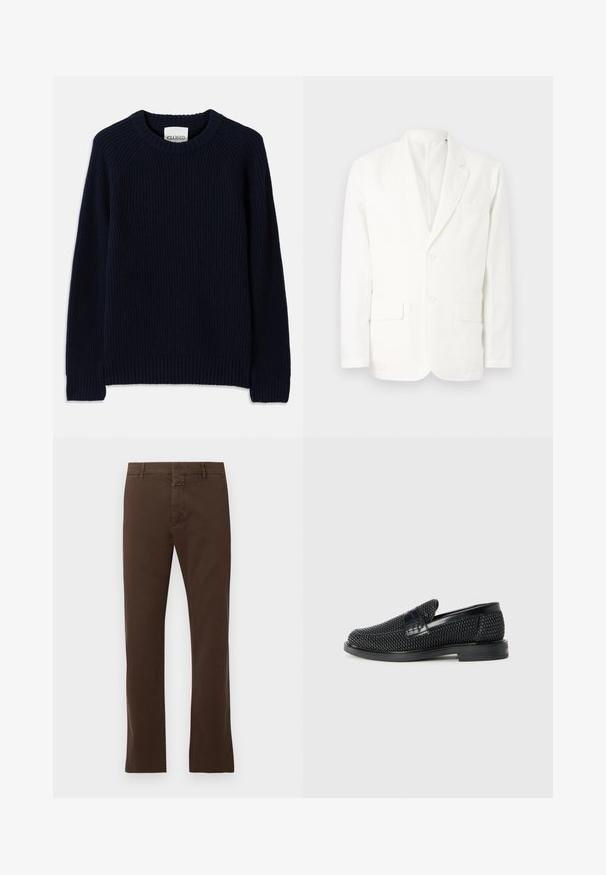 Valkoinen puuvillapukukangas, jossa on viistetyt läpät, kaksi etutaskua, kaksi nappia ja yksi rintatasku. Yksinkertainen, siisti muotoilu ja räätälöity istuvuus.; Tummansininen ribbiknitti neulepaita, jossa on pyöreä kaula-aukko ja pitkät hihat. Ominaisuuksiin kuuluu suora helma ja teksturoitu kuvio koko paidassa.; CLOSED CLIFTON TRUE - Chinot - espresso brown; Musta kudottu liukupohjallinen kenka, jossa on sileä nahkakorostus päällisessä, pyöreä kärki ja matala kumipohja.