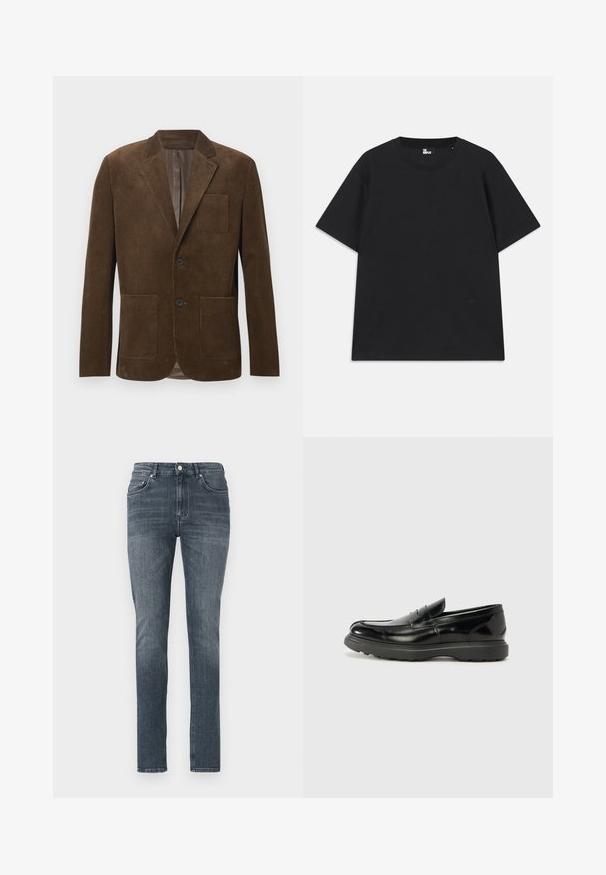 Blazer de cotim castanho com um design de um só botão, duas bolsos frontais, um bolso no peito e forro interior suave.; Camiseta preta de mangas curtas em algodão, com decote redondo e um pequeno detalhe de logo perto da bainha. Textura suave, corte regular.; Jeans de denim escuros slim-fit com um acabamento desbotado, bolsos frontais e um fecho tradicional por botão. Textura suave e perna reta.; Mocassim de couro preto com acabamento brilhante, bico arredondado, detalhes de costura subtil e sola de borracha espessa para durabilidade.