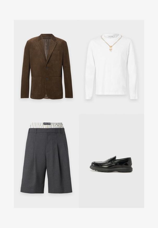 Brun manchesterblazer med en enkelknäppt design, två framfickor, en bröstficka och slät innervadd.; Vit långärmad t-shirt i bomull med ett halsband i guldfärg och hängsmycke, samt en avslappnad passform.; Grå skräddarsydda bermudashorts med veckdesign, med en kontrasterande randig midjeband. Tillverkade av ett texturerat tyg.; Svart läderloaferskor med en glänsande yta, rund tå, diskreta söm detaljer och en tjock gummisula för hållbarhet.