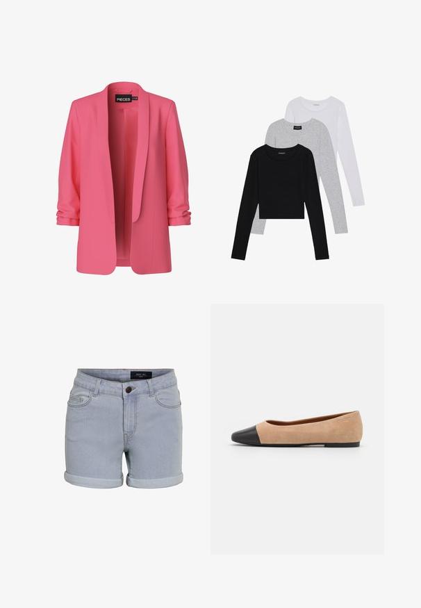 Rózsaszín zakó sima anyagból, nyitott előlappal és sálgallérral. Felhajtott ujjak jellemzik, gombok nélkül, kiemelve a minimalista dizájnt.; Három hosszú ujjú póló egymásra rakva: fekete, szürke és fehér. Mindegyiknek kerek nyaka van, és rövidített fazonnal rendelkezik, sima, könnyű anyagból készült.; Világoskék farmer sort, felhordott szegéllyel, öt zsebbel és gombos záródással. Az anyag sima tapintású, és finom varrási részletekkel rendelkezik.; Beige velúr balettcipő fekete bőr kerek orral, alacsony sarokkal és sima textúrával, minimális varrással és letisztult dizájnnal.