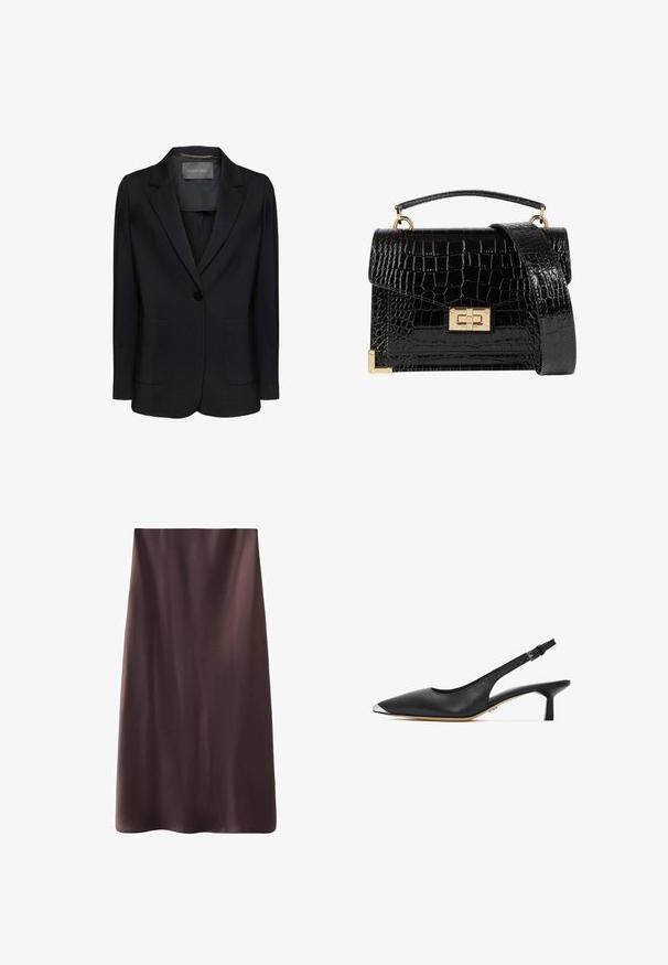 Blazer noir à coupe ajustée, fermeture à un bouton et deux poches avant. Tissu lisse avec un col cranté et des détails intérieurs subtils.; Chemise blanche à manches longues en tissu lisse, dotée d'un col classique, d'une fermeture à boutons à l'avant et d'un ourlet arrondi. Design simple sans motifs.; Jupe midi marron avec une texture lisse et satinée. Design simple, forme droite et bords ourlés pour une finition propre. Pas de fermetures visibles.; Chaussure noire en cuir à talon slingback, avec un bout pointu, un capuchon argenté, un talon bas en bloc et un design ouvert à l'arrière. Texture lisse et detailing minimal.; Sac à main en cuir verni noir avec une texture crocodile, quincaillerie dorée, une poignée supérieure et une bandoulière amovible. Forme rectangulaire avec une fermeture à rabat.