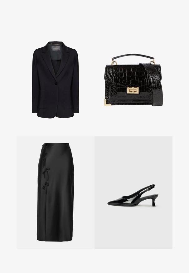 Blazer noir à coupe ajustée, fermeture à un bouton et deux poches avant. Tissu lisse avec un col cranté et des détails intérieurs subtils.; Chemise blanche à manches longues en tissu lisse, dotée d'un col classique, d'une fermeture à boutons à l'avant et d'un ourlet arrondi. Design simple sans motifs.; Anna Field MIDI SKIRT - Jupe crayon - black; Escarpins en cuir verni noir avec un bout pointu et un petit talon carré. Sangle réglable à la cheville avec boucle.; Sac à main en cuir verni noir avec une texture crocodile, quincaillerie dorée, une poignée supérieure et une bandoulière amovible. Forme rectangulaire avec une fermeture à rabat.