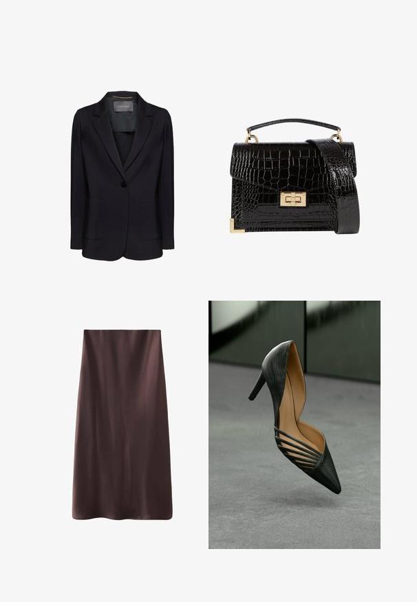 Czarna marynarka o dopasowanym kroju, z jednym guzikiem z przodu i dwoma przednimi kieszeniami. Gładki materiał, z klapą w stylu notch oraz subtelnymi detalami wewnętrznymi.; Biała koszula z długim rękawem wykonana z gładkiego materiału, z klasycznym kołnierzykiem, z przodu zapinaną na guziki i z zaokrąglonym dołem. Prosty design bez wzorów.; Brąskowa spódnica midi o gładkiej, satynowej fakturze. Prosty fason, prosty kształt i wykończone brzegi dla schludnego wyglądu. Bez widocznych zapięć.; Czarny but na wysokim obcasie z ostrym noskiem, teksturowanym wykończeniem i charakterystycznymi wycięciami z boku, zaprezentowany na neutralnym tle.; Czarna torebka na ramię z lakierowanej skóry licowej o fakturze krokodyla, ze złotymi akcesoriami, górną rączką oraz odczepianym paskiem na ramię. Prostokątny kształt z klapką.