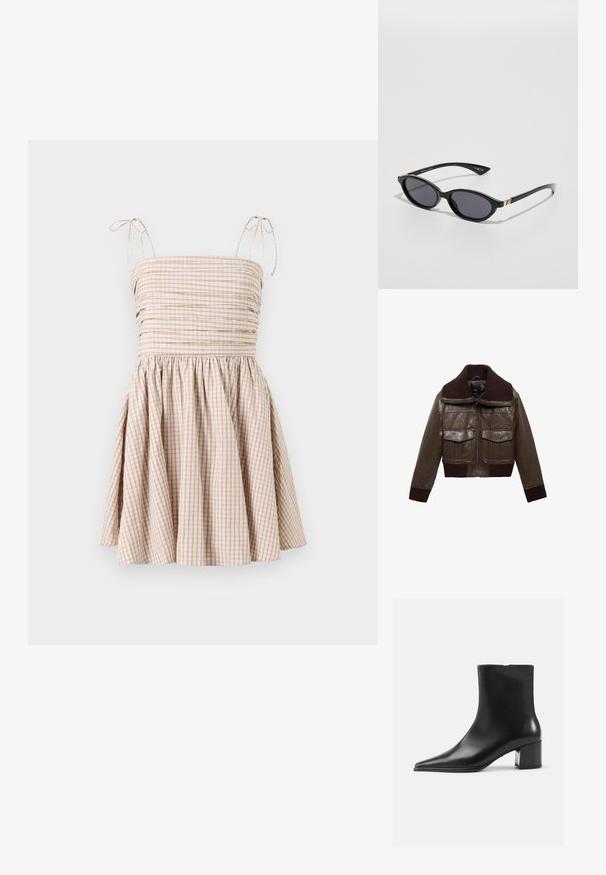 Bruin leren cropped jack met een geribbelde bruine kraag, twee borstzakken en geribbelde manchetten aan de zoom voor een stevige pasvorm.; Gingham jurk in beige en wit, met een smock-bodice, verstelbare strikbandjes en een uitlopende rok.; Zwarte leren enkellaars met een spitse neus, een soepele textuur en een middenblokhak. Minimalistisch ontwerp, ritssluiting aan de achterkant.; Zwarte zonnebril met ovale glazen, donkere verloop-tint en slanke pootjes met subtiele gouden accenten. Glad plastic afwerking.