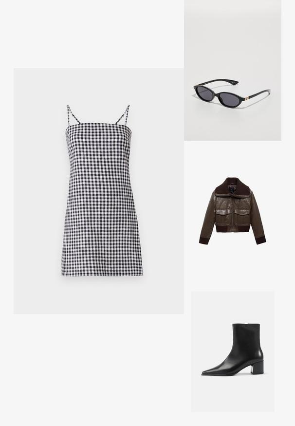 Braune Lederjacke im Cropped-Stil mit einem gerippten braunen Kragen, zwei Brusttaschen und gerippten Bündchen am Saum für eine enge Passform.; Grauer langärmeliger Pullover aus weichem Stoff, mit Rundhalsausschnitt und gerippten Kanten, in leicht verkürztem Design.; Schwarz-weiß kariertes Kleid mit dünnen Spaghetti-Trägern, gerader Silhouette und tailliertem Oberteil. Baumwollmaterial mit glatter Textur.; Schwarze Lederschnürstiefelette mit spitzer Zehenform, glatter Textur und mittelhohem Blockabsatz. Minimalistisches Design, Reißverschluss hinten.; Schwarze Sonnenbrille mit ovalen Gläsern, dunklem Verlaufstönung und schlanken Bügeln mit dezenten goldenen Akzenten. Glatte Kunststoffoberfläche.