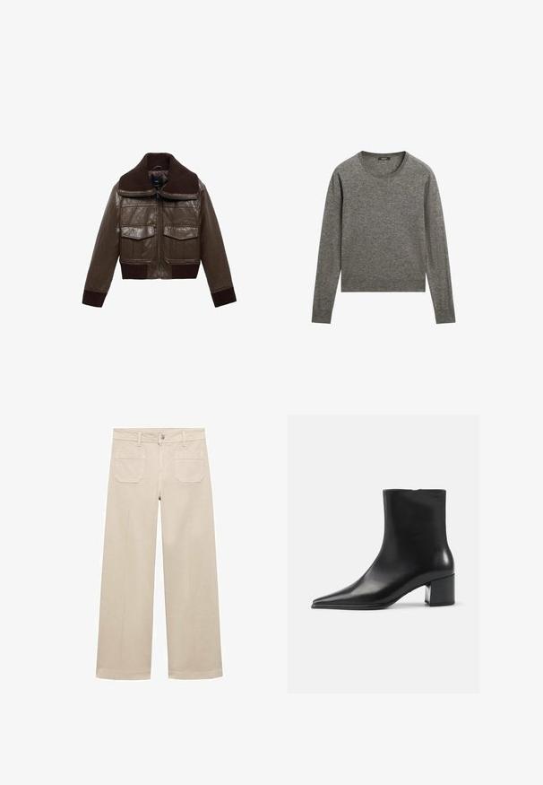 Braune Lederjacke im Cropped-Stil mit einem gerippten braunen Kragen, zwei Brusttaschen und gerippten Bündchen am Saum für eine enge Passform.; Grauer langärmeliger Pullover aus weichem Stoff, mit Rundhalsausschnitt und gerippten Kanten, in leicht verkürztem Design.; Beige weite Hose aus Baumwolle. Mit Reißverschluss, einer vorderen Knopf- und zwei aufgenähten Taschen auf der Rückseite. Sauberer Saum ohne Verzierungen.; Schwarze Lederschnürstiefelette mit spitzer Zehenform, glatter Textur und mittelhohem Blockabsatz. Minimalistisches Design, Reißverschluss hinten.