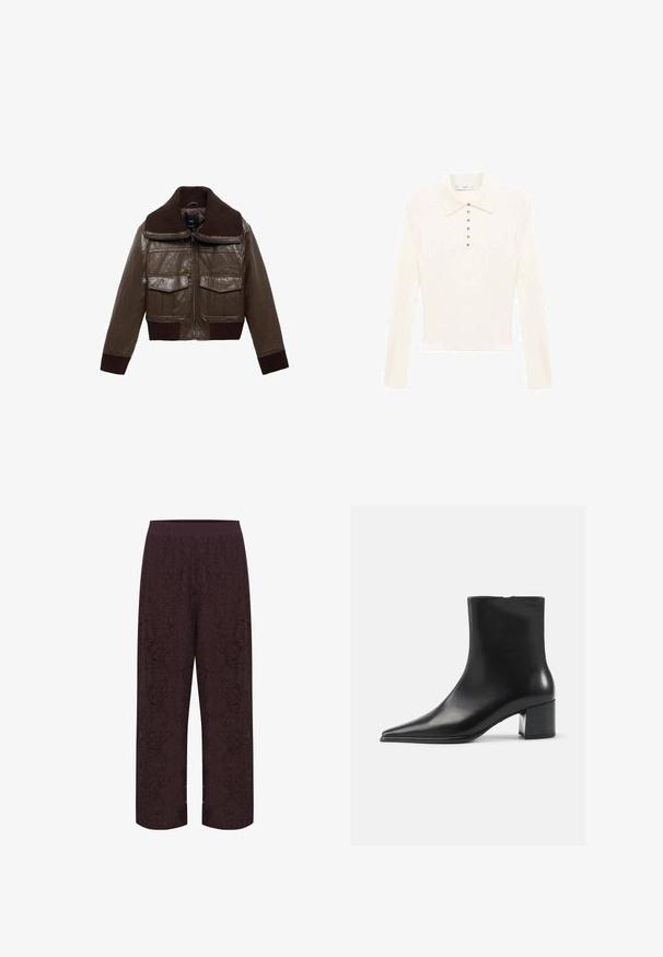 Giacca cropped in pelle marrone con colletto a coste marrone, due tasche sul petto e polsini a coste per una vestibilità aderente.; Polo a maniche lunghe di colore crema realizzato in tessuto morbido, con colletto classico e sette piccoli bottoni argentati lungo la parte anteriore.; Kaffe KANOMI - Pantaloni - fudge; Stivaletto in pelle nera con punta appuntita, texture liscia e tacco medio a blocco. Design minimalista, chiusura con zip sul retro.