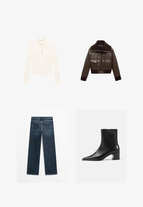 Braune Lederjacke im Cropped-Stil mit einem gerippten braunen Kragen, zwei Brusttaschen und gerippten Bündchen am Saum für eine enge Passform.; Langärmliges Poloshirt in Cremefarbe aus weichem Material, mit einem klassischen Kragen und sieben kleinen silbernen Knöpfen auf der Vorderseite.; Dunkelblaue Jeans im geraden Schnitt, mit zwei Gesäßtaschen und sichtbaren Nähten entlang der Nähte und Säume.; Schwarze Lederschnürstiefelette mit spitzer Zehenform, glatter Textur und mittelhohem Blockabsatz. Minimalistisches Design, Reißverschluss hinten.