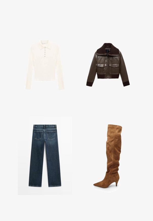 Brązowa skórzana kurtka typu cropped z prążkowanym brązowym kołnierzem, dwiema kieszeniami na piersi oraz prążkowanymi mankietami u dołu, zapewniającymi dopasowane wykończenie.; Jasno kremowa, długosleeve polo koszulka wykonana z miękkiego materiału, z klasycznym kołnierzykiem i siedmioma małymi srebrnymi guzikami z przodu.; Granatowe dżinsy o prostym kroju, z dwoma tylnymi kieszeniami i widocznym ściegiem wzdłuż szwów i brzegów.; Wysokie brązowe zamszowe botki o luźnym fasonie, spiczastym nosku i niskim obcasie. Charakteryzują się gładką fakturą i minimalistycznym stylem.