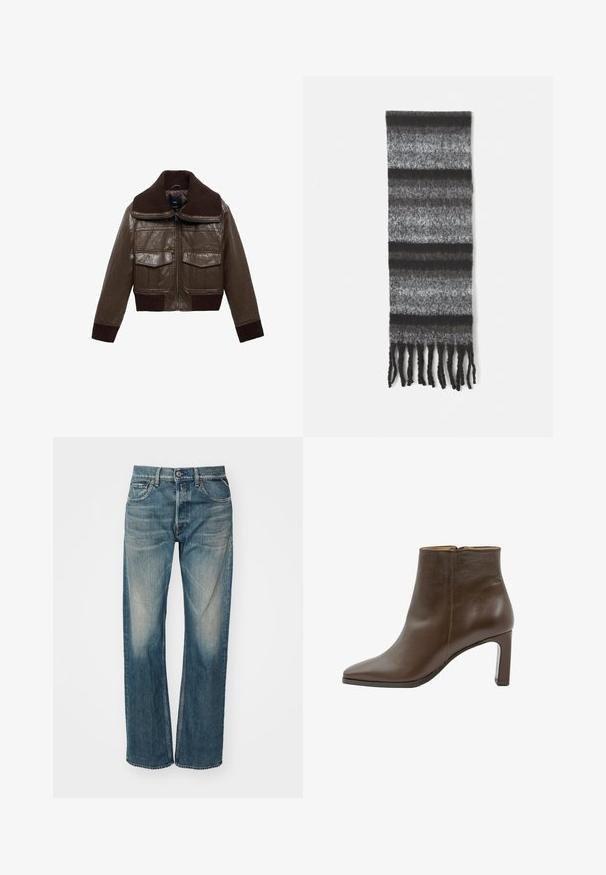 Ruskea nahkainen lyhyt takki, jossa on ribatusta ruskeasta kauluksesta, kaksi rintataskua ja ribatut hihansuunkin, jotka tarjoavat tiukan istuvuuden.; Kaksi crew-neck t-paitaa mustana ja valkoisena, valmistettu puuvillasta. Ne sisältävät lyhyet hihat ja yksivärisen muotoilun ilman kuvioita tai korostuksia.; Vaaleansiniset farkut suoranlahkeisella muotoilulla, joissa on haalistunut pinta, viisi taskua ja nappikiinnitys vyötäröllä.; Ruskea nahkainen nilkkuri, jossa on terävä kärki, lohkareen korko ja sivuvetoketju, esitetty valkoista taustaa vasten.; Harmaa raidallinen huivi, jossa on vaihtelevaa harmaan sävyä, pehmeä tekstuuri ja fringe-reunat rentoa ilmettä varten.; Beige kera laukku, jossa on kaksi kahvaa, pyöreä muoto, tekstuurinen kangas ja nyörivuori-tasku sivulla. Sujuva viimeistely, minimalinen muotoilu.