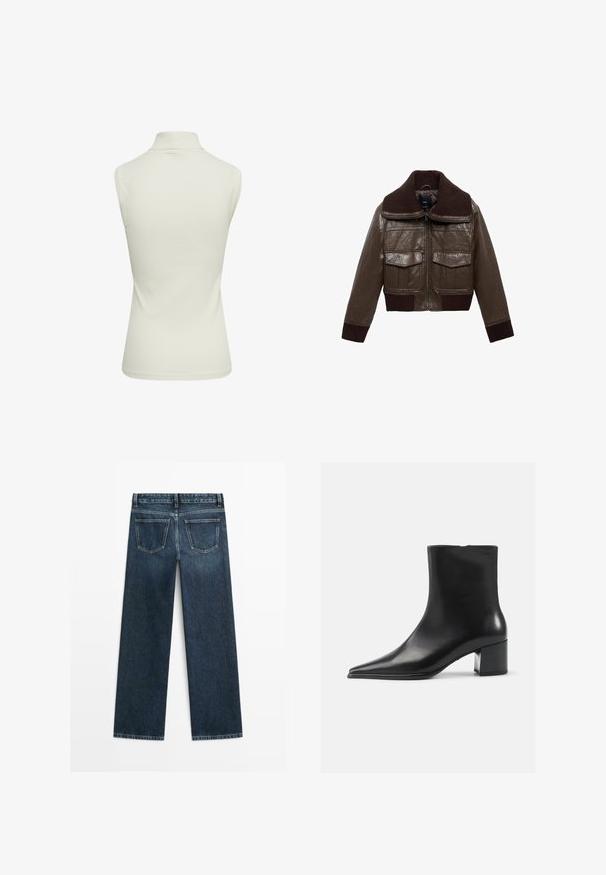 Bruin leren cropped jack met een geribbelde bruine kraag, twee borstzakken en geribbelde manchetten aan de zoom voor een stevige pasvorm.; Geribbelde, mouwloze coltrui in lichtcrème kleur. Gladde textuur met een aangesloten vorm en schone randen, met een hoge halslijn.; Donkerblauwe spijkerbroek met een rechte snit, voorzien van twee achterzakken en zichtbare stiksels langs de naden en randen.; Zwarte leren enkellaars met een spitse neus, een soepele textuur en een middenblokhak. Minimalistisch ontwerp, ritssluiting aan de achterkant.