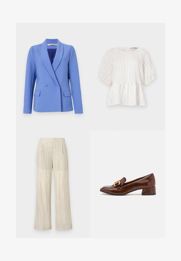 Kétgombos zakó világoskék anyagból. Csúcsos gallérral, két elülső zsebbel, egy mellzsebből és sima bélésből készült.; Fehér blúz vertikális csíkokkal, rövid puffos ujjakkal, kerek nyakkivágással és ráncolt peplum aljjal. Könnyű, texturált anyagból készült.; Krém színű, bő szárajú nadrág, texturált anyagból. Redők és sima derékpánt található rajta. Nincs látható zseb vagy díszítés.; Barna bőr loaferek fényes felülettel, dekoratív arany csattal az elején és alacsony blokk sarkával. Klasszikus dizájn.