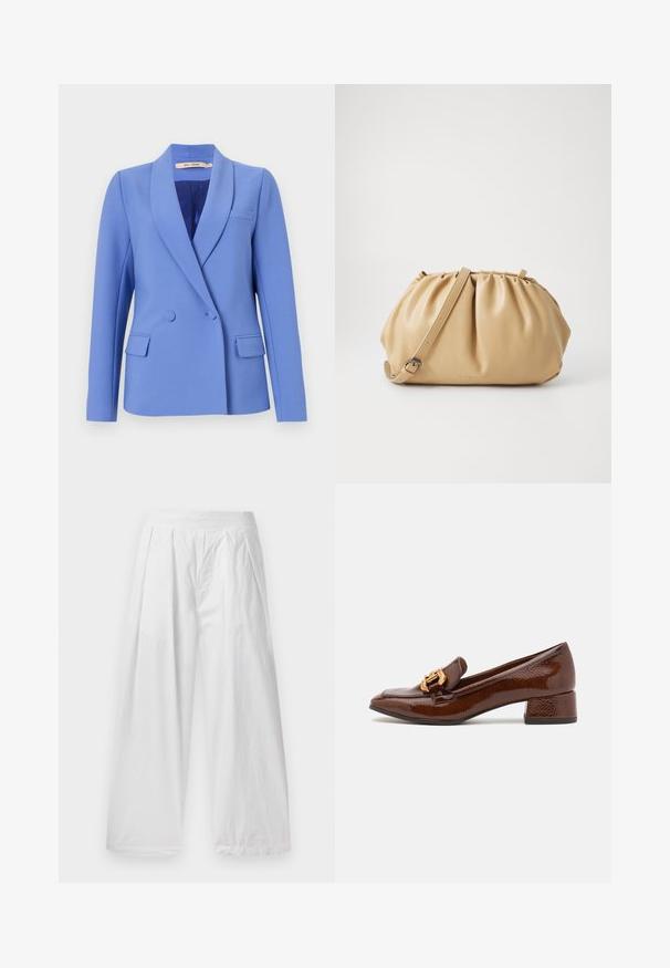 Dvojradový sáčok z svetlomodrej látky. Obsahuje špicaté klopy, dve predné vrecká, jedno vrecko na prsách a hladkú podšívku.; Biela blúzka s vertikálnymi pruhmi, krátkymi nariasenými rukávmi, okrúhlym výstrihom a nariaseným peplum spodkom. Vyrobená z ľahkej, textúrovanej látky.; Biele široké nohavice vyrobené z ľahkej tkaniny. Majú voľný strih, záhyby vpredu a elastický pás.; Hnedé kožené loafers s lesklým povrchom, s dekoratívnym zlatým prackom na prednej strane a nízkym blokovým podpätkom. Klasický dizajn.; Hnedá kožená kabelka s plisovaným dizajnom, nastaviteľným popruhom a zaobleným tvarom. Minimalistické logo na prednej strane.