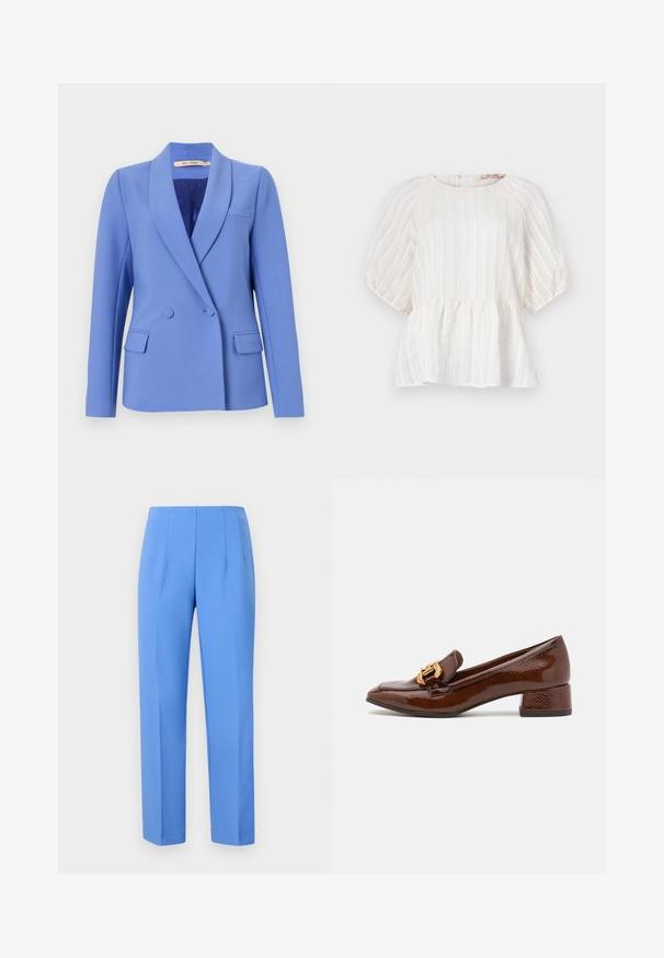 Dividota žakete ar dubulto attevi pirmajā gaismas zila auduma. Iezīmēta ar izvirzītiem klājējiem, divām priekšējām kabatām, krūšu kabatu un gludu iekšējo oderi.; Balta blūze ar vertikālām svītrām, īsām pūkām piedurknēm, apaļu kakla izgriezumu un savilktu pepluma apakšmalu. Izgatavota no viegla, teksturēta auduma.; Zilas pielāgotais bikses izgatavotas no gludas auduma ar sānu krokām, ar taisnu griezumu un tīru jostasvietu. Nav redzamu detaļu vai rakstu.; Brūni ādas mokasīni ar spīdīgu apdari, ar dekoratīvu zelta sprādzi priekšpusē un zemu blokveida papēdi. Klasisks dizains.