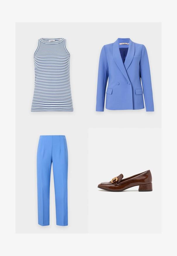 Dvostrani sako od svijetloplave tkanine. Ima izbočene reveri, dva prednja džepa, džep na prsima i glatku unutarnju oblogu.; Top bez rukava u plavim i bijelim prugama, rebrasta tekstura, okrugli izrez, uski kroj, s glatkom završnom obradom i bez dodatnih ukrasa.; Plave krojene hlače od glatkog materijala sa bočnim nabora, s ravnim krojem i čistim pojasom. Nema vidivih metalnih dijelova ili uzoraka.; Smeđe kožne mokasine s sjajnom završnom obradom, s ukrasnom zlatnom kopčom sprijeda i niskim blok petama. Klasičan dizajn.