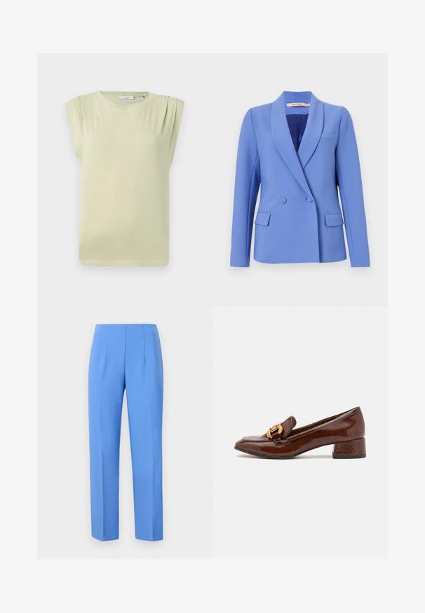 Dvojradový sáčok z svetlomodrej látky. Obsahuje špicaté klopy, dve predné vrecká, jedno vrecko na prsách a hladkú podšívku.; Svetlozelený, krátkosrstý top s uvoľneným strihom. Obsahuje jemné skladanie na pleciach a okrúhly výstrih. Mäkka, hladká látka.; Modré nohavice na mieru z hladkej tkaniny so bočnými skladmi, s rovým strihom a čistým pásom. Žiadne viditeľné kovové prvky ani vzory.; Hnedé kožené loafers s lesklým povrchom, s dekoratívnym zlatým prackom na prednej strane a nízkym blokovým podpätkom. Klasický dizajn.