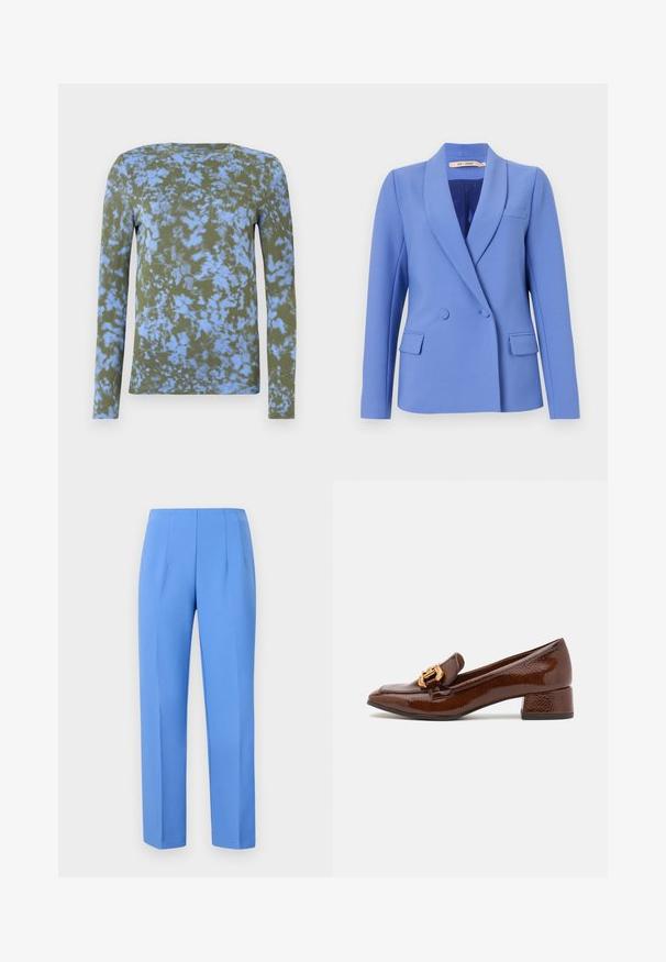 Kaksoisnapilla varustettu bleiseri vaaleansinisestä kankaasta. Sisältää huiput lapel-takit, kaksi etutaskua, rintataskun ja sileän vuoren.; Pitkähihainen t-paita oliivinvihreänä, jossa on sininen kitarajärjestelmäkuvio. Ominaisuuksiin kuuluu pyöreä pääntie ja pehmeä tekstuuri. Sopii arkiseen käyttöön.; Siniset räätälöidyt housut valmistettu sileästä kankaasta, joissa on sivutaitteet, suoralinjainen leikkaus ja siisti vyötärö. Ei näkyviä metalliosia tai kuvioita.; Ruske nahkasaapad läikiva viimistlusega, millel on ees dekoratiivne kuldne klamber ja madal plokkkonts. Klassikaline disain.