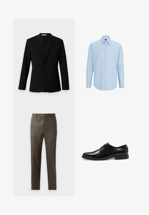 Svart blazer laget av glatt stoff, med notched krage, to knapper og sidelommer; tilpasset passform med lange ermer.; Lys blå langermet skjorte laget av glatt stoff, med knappelukking foran, spiss krage og vanlig passform.; Rutete brune bukser har rette ben, frontfolder og beltehemper. Laget av strukturert stoff med tynne striper.; Sorte lærdressko med en glatt overflate, snøresystem, rund tå og subtile sømdetaljer. Har en svart gummisåle.