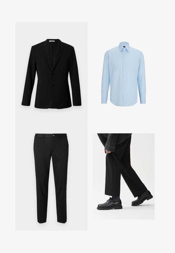 Zwarte blazer van gladde stof, met een puntrevers, twee knopen en zijzakken; tailored fit met lange mouwen.; Lichtblauw overhemd met lange mouwen, gemaakt van gladde stof, met een knoopsluiting aan de voorkant, een puntkraag en een reguliere pasvorm.; Zwarte broeken gemaakt van een gladde stof. Ze hebben een rechte snit, een vlakke voorkant en een knoopsluiting met een eenvoudig taillebandontwerp.; Zwarte leren schoenen met een afgeronde neus, vetersluiting en een dikke, getextureerde zool. Draagt een gepaste zwarte broek en een geribbelde trui.