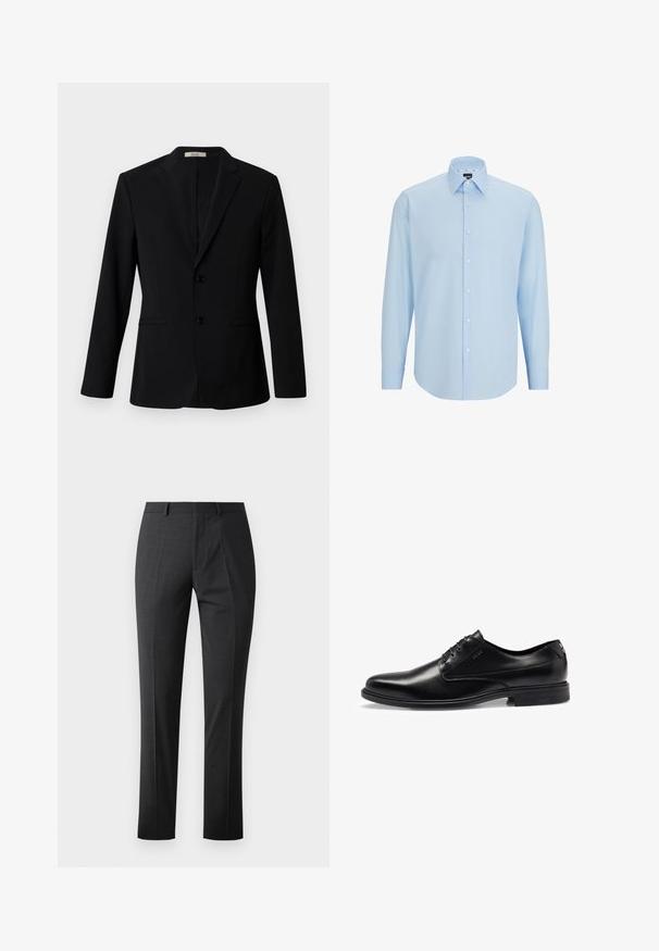 Blazer negro de tejido suave, con solapa con muesca, dos botones y bolsillos laterales; corte entallado con mangas largas.; Camisa de dress de manga larga de color azul claro, hecha de una tela suave, con un cierre de botones en la parte delantera, cuello puntiagudo y corte regular.; Pantalones oscuros grises a medida con una textura suave, corte ajustado, frente plano y cinturilla estándar. Presentan pliegues marcados y sin patrones visibles.; Zapato de vestir negro de cuero con un acabado liso, diseño con cordones, puntera redonda y sutiles detalles de costura. Cuenta con una suela de goma negra.
