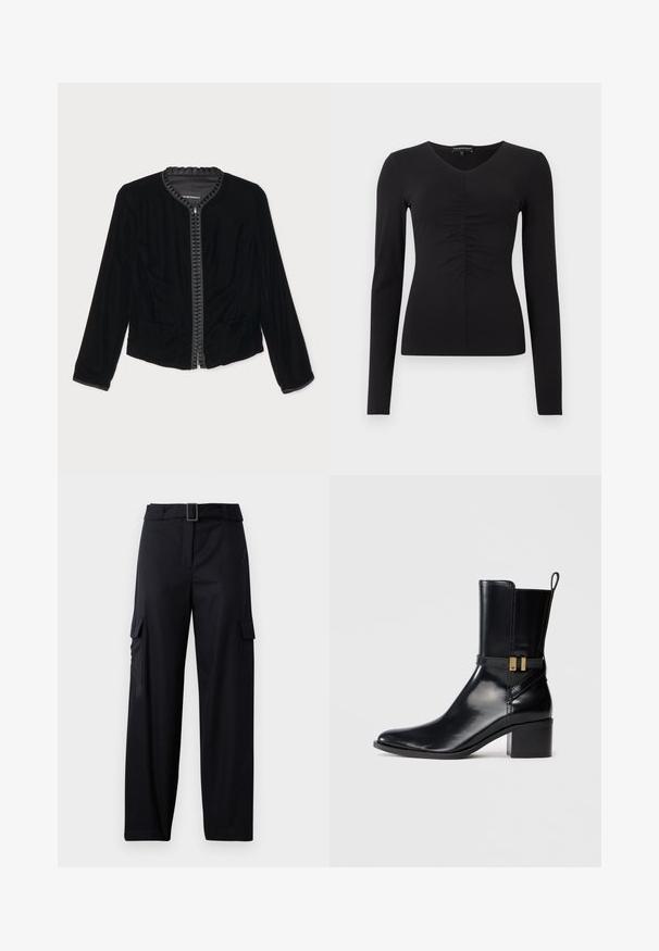 Black velvet zip-up jacket featuring a ruffled neckline, two front pockets, and long sleeves. Smooth texture with a fitted design.; Black long-sleeve top with a V-neck and gathered detail at the front, made from a smooth fabric. Fitted silhouette and minimal design.; Black cargo pants with a straight-leg design, featuring two side pockets and a belt with a rectangular buckle. Smooth fabric texture.; Black leather ankle boot with a mid-height block heel, side strap with gold-tone buckle, and pull tab at the back.