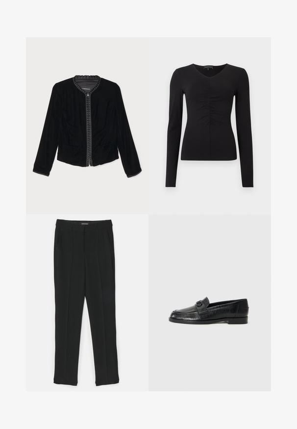 Juodas aksominis užtraukiamas švarkas su raukinėta apykakle, dviem priekinėmis kišenėmis ir ilgomis rankovėmis. Lygi tekstūra su prigludusia forma.; Juodas ilgarankoviai marškinėliai su V formos iškirpte ir sušnibždėtu priekyje, pagaminti iš lygaus audinio. Aptemptas siluetas ir minimalus dizainas.; Juodi kelniai su tiesiogine kirpimo forma, turintys klosčių, šoninių kišenių ir lygaus audinio dizainą. Pagaminti iš lengvo audinio.; Juodos odinės loafers tipo avalynės su lygia viršutine dalimi, iškilniu linijiniu raštu ir dekoratyvia užsegimu ant vampo. Žemas, stačiakampis kulnas.