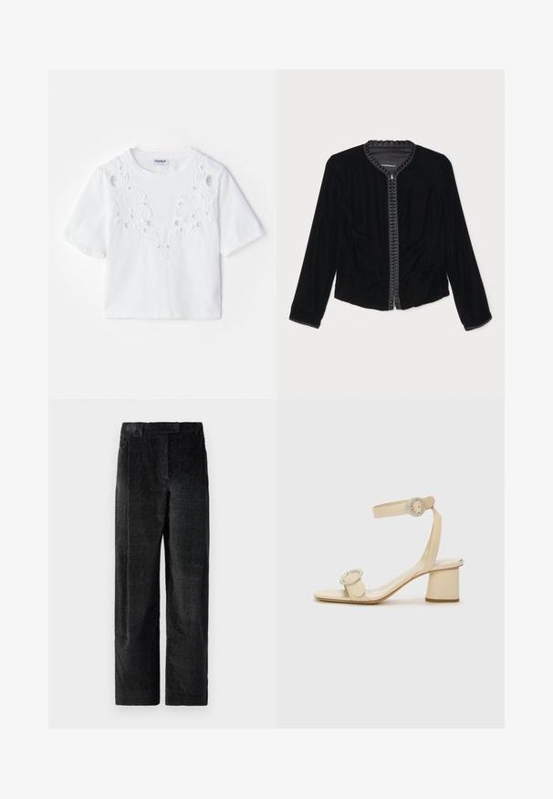 Must musta zippidega jakk, millel on volangiga kaelus, kaks eesmist taskut ja pikad varrukad. Sile tekstuur ja kehakujuline disain.; Valge lühikeste varrukatega T-särk, millel on tikandiga lillekujundus ja lõikega detailid ees. Valmistatud pehmest kangast, ümar kaelus.; Mustad, tekstureeritud laiad püksid mustas värvuses, millel on väljendunud kudumine, eessuud ja lame vöökoht. Klassislik disain mitmekesiseks kasutamiseks.; Beeži kõrge kontsaga sandaalid minimalistliku disainiga, millel on kaks ümmargust aksessuaari ja paks konts. Valmistatud siledast nahast.