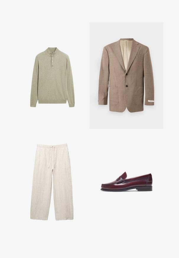 Blazer à carreaux marron et écru, avec des revers en pointe, deux poches avant et une fermeture à deux boutons, doublé de beige.; Pull vert clair avec un col haut, une patte de boutonnage à cinq boutons, et des manches longues. Réalisé dans un tissu doux et texturé, avec des poignets et un ourlet côtelés.; Pantalon en lin beige clair, avec une taille élastique dotée d'un cordon de serrage, un design large et des poches latérales. Texture lisse.; Mocassin en cuir bordeaux avec un bout arrondi, des détails cousus et un petit accent décoratif sur le devant. Semelle plate contrastante.