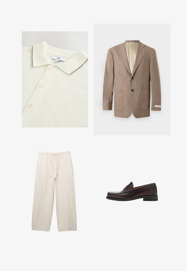 Hnědý a krémový kostkovaný blazer, s klopami, dvěma předními kapsami a zapínáním na dva knoflíky, s béžovou podšívkou.; Krémová polo košile s texturovaným žebrovaným designem, s kontrastním hnědým okrajem na límci a pěti knoflíky vpředu.; Lněné kalhoty v světle béžové barvě, s elastickým pasem a šňůrkou na stažení, širokým nohavicím a bočními kapsami. Hladká textura.; Hnědé kožené mokasíny s kulatou špičkou, ozdobným šitím na přední straně a plochou gumovou podrážkou pro podporu a odolnost.