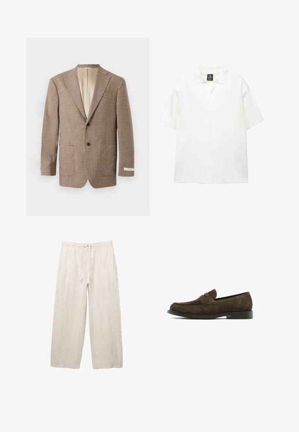 Brauner und cremefarbener kariierter Blazer mit Reverskragen, zwei Vordertaschen und einer Zwei-Knopf-Verschluss, mit einem beigen Futter.; Weiße kurzärmlige Poloshirt aus glattem Stoff mit klassischem Kragen, halbknöpfbarer Knopfleiste und lässiger Passform.; Leinenhosen in hellbeige, mit einem elastischen Bund und Zugkordel, weitem Beinansatz und seitlichen Taschen. Glatte Textur.; Dunkelbraune Wildleder-Lederpuschen mit runder Zehenform, gestickten Details und flacher Gummisohle. Verfügt über eine klassische Penny-Spange.