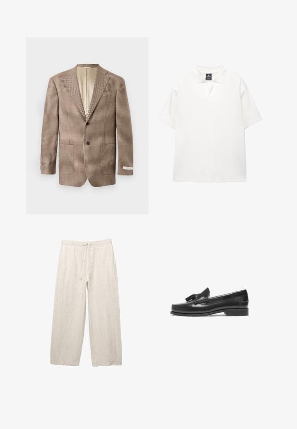 Blazer a scacchi marrone e crema, con revers a punta, due tasche frontali e chiusura a due bottoni, foderato in beige.; Polo shirt bianco a maniche corte realizzato in tessuto liscio con colletto classico, dotato di pattina a mezza bottoni e vestibilità rilassata.; Pantaloni in lino di colore beige chiaro, con una vita elastica e cordoncino, design a gamba larga e tasche laterali. Texture liscia.; Mocassini in pelle nera con punta arrotondata, nappine decorative e dettagli di cucitura. Suola piatta e finitura lucida. Vista laterale.