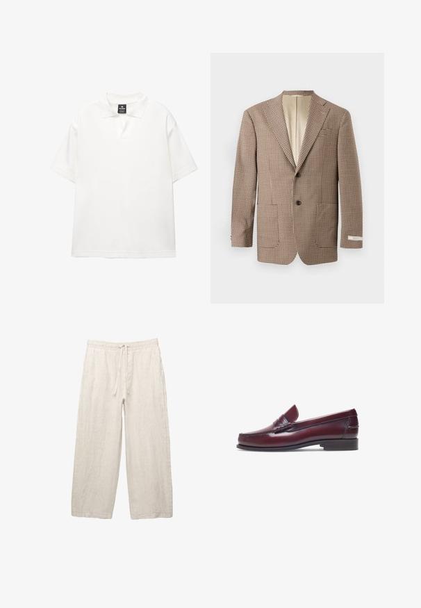 Blazer a scacchi marrone e crema, con revers a punta, due tasche frontali e chiusura a due bottoni, foderato in beige.; Polo shirt bianco a maniche corte realizzato in tessuto liscio con colletto classico, dotato di pattina a mezza bottoni e vestibilità rilassata.; Pantaloni in lino di colore beige chiaro, con una vita elastica e cordoncino, design a gamba larga e tasche laterali. Texture liscia.; Mocassino in pelle bordeaux con punta tonda, dettagli cuciti e un piccolo accentu decorativo sulla tomaia. Suola piatta in contrasto.
