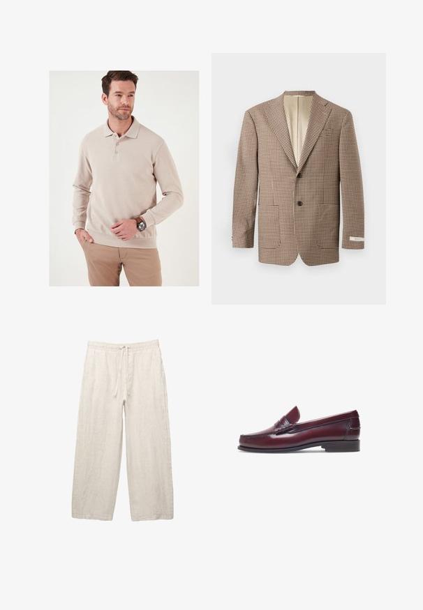 Bruine en crèmekleurige geblokte blazer, met notch-lapels, twee voorkruisen en een sluiting met twee knopen, afgewerkt met een beige voering.; Beige poloshirt met lange mouwen van ribbelstof, drie knopen bij de hals en een aangesloten zoom. Draagt met lichtgekleurde broek en een horloge.; Linnen broeken in lichtbeige, met een elastische tailleband met een trekkoord, een wijde pasvorm en zijzakken. Gladde textuur.; Bordeaux leren instapper met een ronde neus, gestikte details en een kleine decoratieve accent op de schacht. Platte, contrasterende zool.