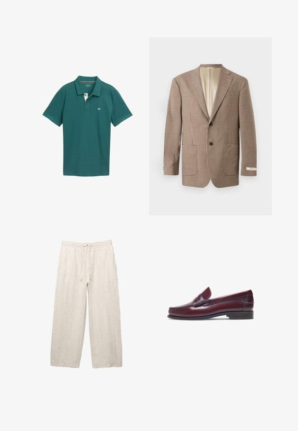 Bruine en crèmekleurige geblokte blazer, met notch-lapels, twee voorkruisen en een sluiting met twee knopen, afgewerkt met een beige voering.; Teal polo shirt gemaakt van ademend materiaal, met een drieknoopsluiting, korte mouwen en een subtiele logo op de borst.; Linnen broeken in lichtbeige, met een elastische tailleband met een trekkoord, een wijde pasvorm en zijzakken. Gladde textuur.; Bordeaux leren instapper met een ronde neus, gestikte details en een kleine decoratieve accent op de schacht. Platte, contrasterende zool.