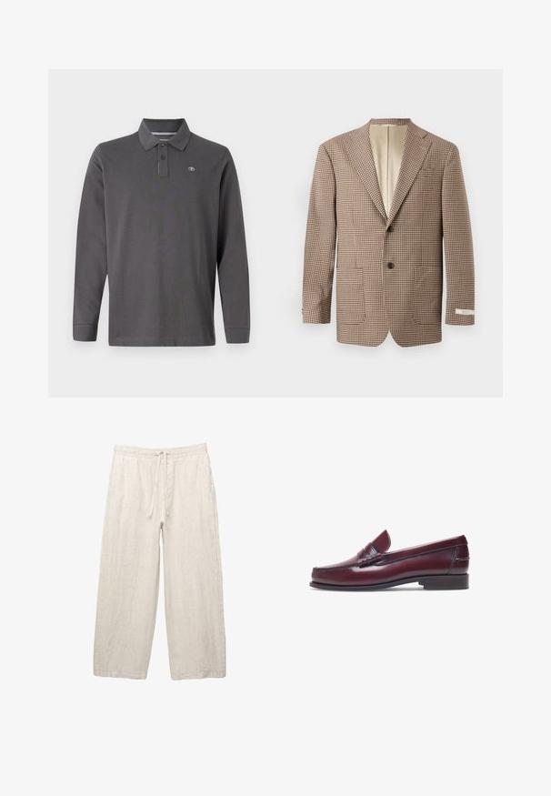 Bruine en crèmekleurige geblokte blazer, met notch-lapels, twee voorkruisen en een sluiting met twee knopen, afgewerkt met een beige voering.; Langarm polo shirt in donkergrijze katoen, met een kraag, drie knopen en een klein logo op de linkerkant van de borst.; Linnen broeken in lichtbeige, met een elastische tailleband met een trekkoord, een wijde pasvorm en zijzakken. Gladde textuur.; Bordeaux leren instapper met een ronde neus, gestikte details en een kleine decoratieve accent op de schacht. Platte, contrasterende zool.