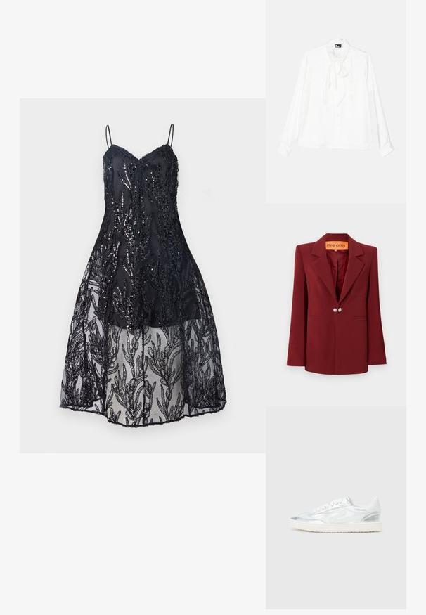 Burgundi színű blézer strukturált fazonnal, kiemelkedő hajtókkal, két elülső zsebbel és ezüstszínű dupla gombokkal. Sima anyagfelület.; Fekete ruha, az alakra simuló felsőrésszel, vékony pántokkal, flitterekkel díszítve csipkén, és egy lebegő, áttetsző csipke szoknyával, amely levelek mintáival van díszítve.; Fehér, hosszú ujjú ing ráncolt elülső résszel, gombos záródással és nyakkendő részlettel. Sima textúrájú, klasszikus gallérral és kényelmes szabással.; Fehér sportcipők fényes ezüst díszítéssel, sima felülettel, kerek orral, lapos talppal és hagyományos fűzős kialakítással.