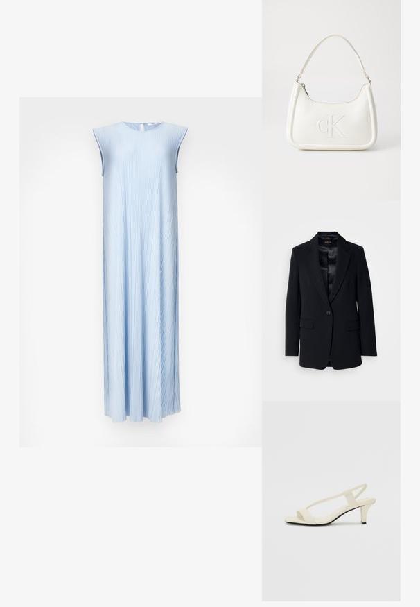 Juodas švarkas su iškirptu apvadu, vienu mygtuko uždarymu, dviem priekinėmis kišenėmis ir lygiu satino pamušalu. Tinkamas pritaikymas ir struktūruotas dizainas.; Šviesiai mėlyna plisuota nesijungiančių rankovių suknelė su apvaliu iškirpimu ir rakto skylutės uždarymu nugaroje. Plati A formos siluetas, lygus paviršius ir subtilus blizgesys.; Kreminės blokų kulno šlepetės su plonomis dirželiais ir kvadratiniu pirštu. Lygus medžiaga su minimaliais akcentais, sukurtos lengvam dėvėjimui.; Balta odinė rankinė su išlenkta forma, su reljefiniu "CK" logotipu priekyje ir viena petneša. Užtrauktuko uždarymas viršuje.