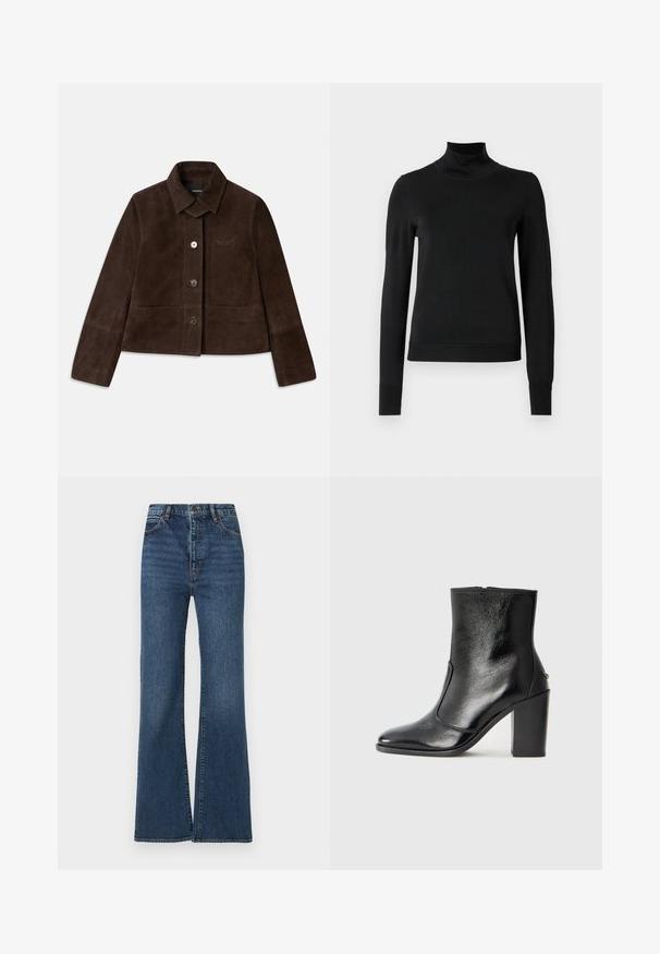Brun mockaläderkort jacka med nedfällbar krage, framknäppning med knappar och broderad logodetalj. Har långa ärmar och två framfickor.; Svart långärmad polotröja med ribbade muddar och nederkant, visad mot en enkel vit bakgrund.; Blå utsvängda jeans i denim med hög midja, design med fem fickor och subtil blekning över tyget för textur och djup.; Svart läderankelboot med en slät yta, spetsig tå och en kraftig hög klack. Har en sidöppning och ett minimalistiskt design.