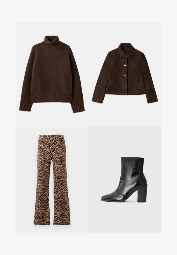 Brun mockaläderkort jacka med nedfällbar krage, framknäppning med knappar och broderad logodetalj. Har långa ärmar och två framfickor.; Brun polotröja med en texturerad stickad mönster. Har ribbade ärmslut och nederkant, samt en något lös passform. Mjukt, mysigt material.; Breda byxor med leopardprint i beige och svart, med en slät textur och avsmalnande nederkant. Designad med standardmidja och fickor.; Svart läderankelboot med en slät yta, spetsig tå och en kraftig hög klack. Har en sidöppning och ett minimalistiskt design.