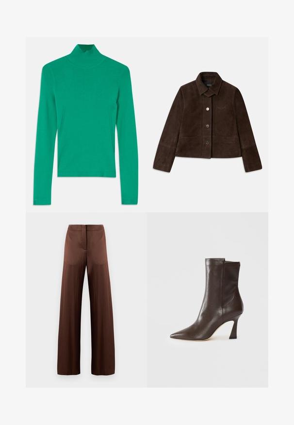 Braune Wildleder-Cropped-Jacke mit umklappbarem Kragen, vorderem Knopfverschluss und gesticktem Logodetail. Verfügt über lange Ärmel und zwei frontale Taschen.; Grüner Rollkragenpullover aus geripptem Strickstoff, mit langen Ärmeln und subtilen Seitennähten für ein elegantes, tailliertes Erscheinungsbild.; Braune Schlaghosen aus glattem, leichtem Stoff, mit flacher Vorderseite, ohne Taschen und geradem Schnitt.; Dunkelbraune Lederstiefel bis zur Wade mit spitzem Zehenbereich, geschwungenem, schmalem Absatz und glatter Oberfläche auf weißem Hintergrund.
