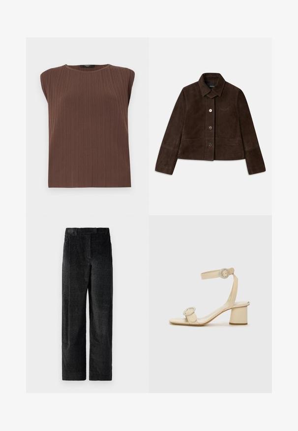 Brązowa krótkia kurtka z zamszu z odwracalnym kołnierzem, zapięciem na guziki z przodu oraz haftowanym logo. Posiada długie rękawy i dwie przednie kieszenie.; Brązowy, prążkowany top bez rękawów z okrągłym dekoltem. Miękka struktura, prosty krój i subtelne pionowe linie podkreślające wzór materiału.; Czarne, strukturalne spodnie z szerokimi nogawkami i wyraźnym splotem, z zaszewkami z przodu oraz płaskim pasem. Klasyczny design zapewniający wszechstronność.; Beżowe sandały na obcasie o minimalistycznym designie, z dwoma okrągłymi akcentami i szerokim obcasem. Wykonane z gładkiej skóry.