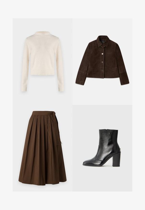 Brun ruskinds cropped jakke med nedfoldbar krave, front lukning med knapper og broderet logo detalje. Har lange ærmer og to frontlommer.; Cremefarvet, langærmet sweater med høj hals. Blød tekstur, ribbede talje og manchetter. Letvægtsstof med en svag glans.; Brun plisseret nederdel lavet af stof med en glat overflade, med høj talje og sidelukning med bindebånd.; Sorte læder ankelstøvler med en glat overflade, spids tå og en chunky høj hæl. Har en sidelukning og minimalistisk design.