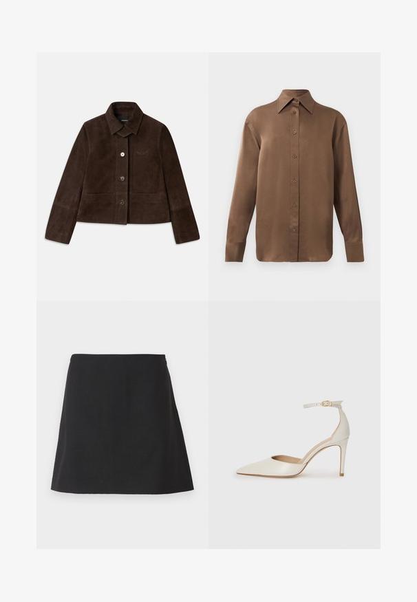 Casaco cropped de camurça castanho com colarinho dobrável, fecho frontal por botão e detalhe de logótipo bordado. Possui mangas longas e dois bolsos frontais.; Camisa branca de mangas longas com botões e colarinho pontudo, exibida contra um fundo branco liso.; Mini saia preta com silhueta reta, feita de tecido texturizado, com fecho de correr lateral e sem padrões ou enfeites visíveis.; Sapato de salto alto em pele branca com biqueira pontiaguda, faixa no tornozelo e um salto fino de stiletto. Textura suave com um leve acabamento brilhante.