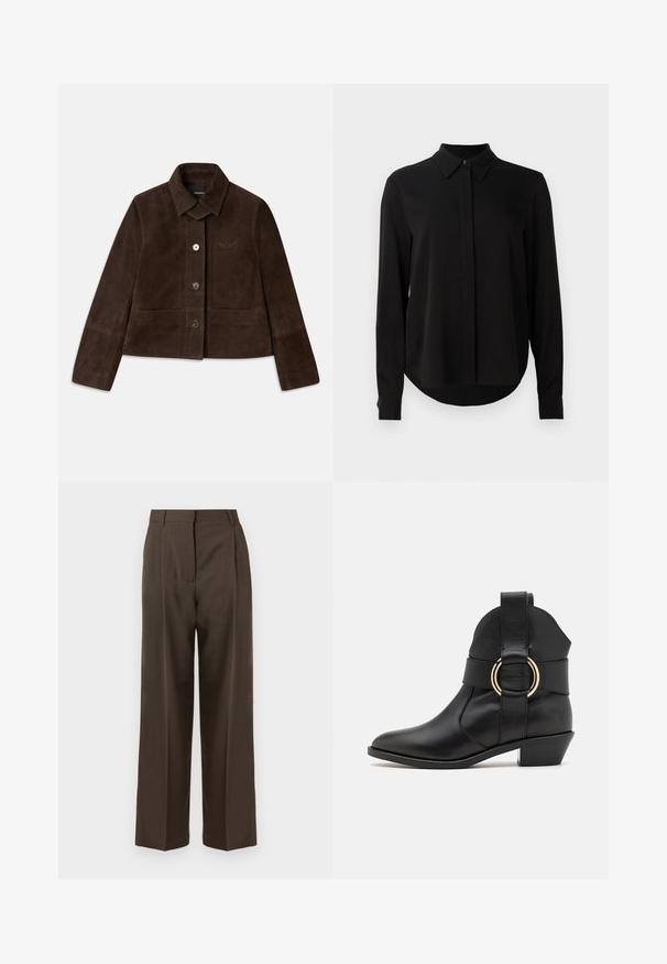 Pruunest sametist lühike jakk, millel on allaklapitav krae, ees nupuvajutusega kinnis ja broderi logo detail. Omab pikki varrukasid ja kahte eesmist taskut.; Mustmustärgne, pikkade varrukatega pluus terava kraega, varjatud nööpide ridadega ja kõverate servadega, valge tausta ees.; Pruunid laiad püksid sujuva tekstuuriga, kõrge vöökohaga, eesmine voltide ja kohandatud disainiga. Pole nähtavaid taskuid ega kaunistusi.; Must musta ankle boot terava okses, millel on lai rihm kuldse rõngaga aksessoor ja madal, kitsenev konts. Sile tekstuur.